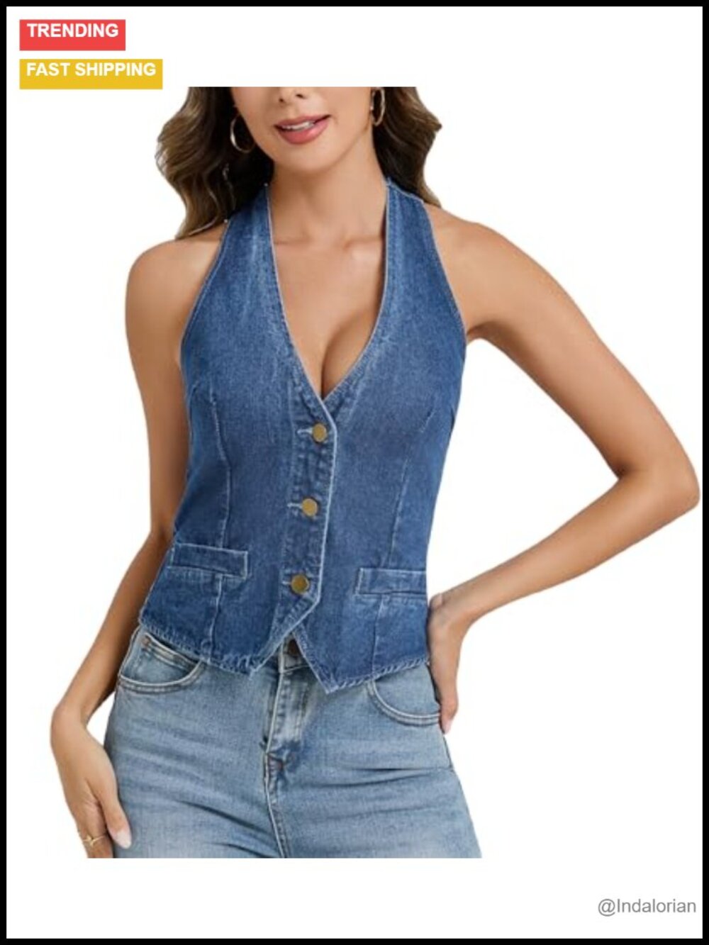 Denim Halter Vest Top Womens V Neck Back Tie Jean Corset Vest Cropped